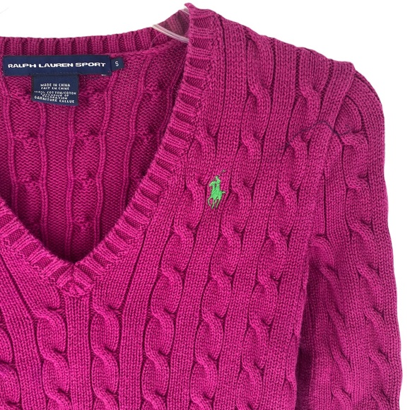 POLO RALPH LAUREN SPORT VNECK LONG SLEEVE CABLE KNOT DEEP FUCHSIA WOMENS SMALL - Picture 2 of 9